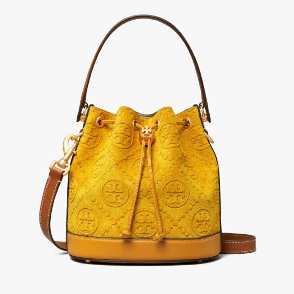 NEW! Tory Burch T-Monogram SUEDE EMBOSSED Bucket -large Claret (Deep Sunflower)